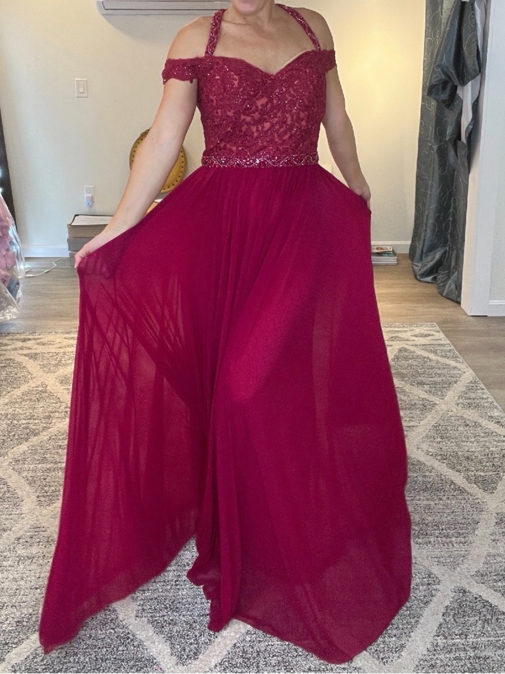 Jovani Magenta Beaded Off-Shoulder Prom Gown